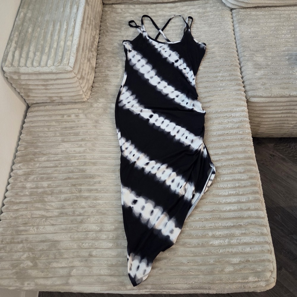 Almost Famous Tie Dye Asymmetrical Maxi Dress Medium Black White Crisscross Back
